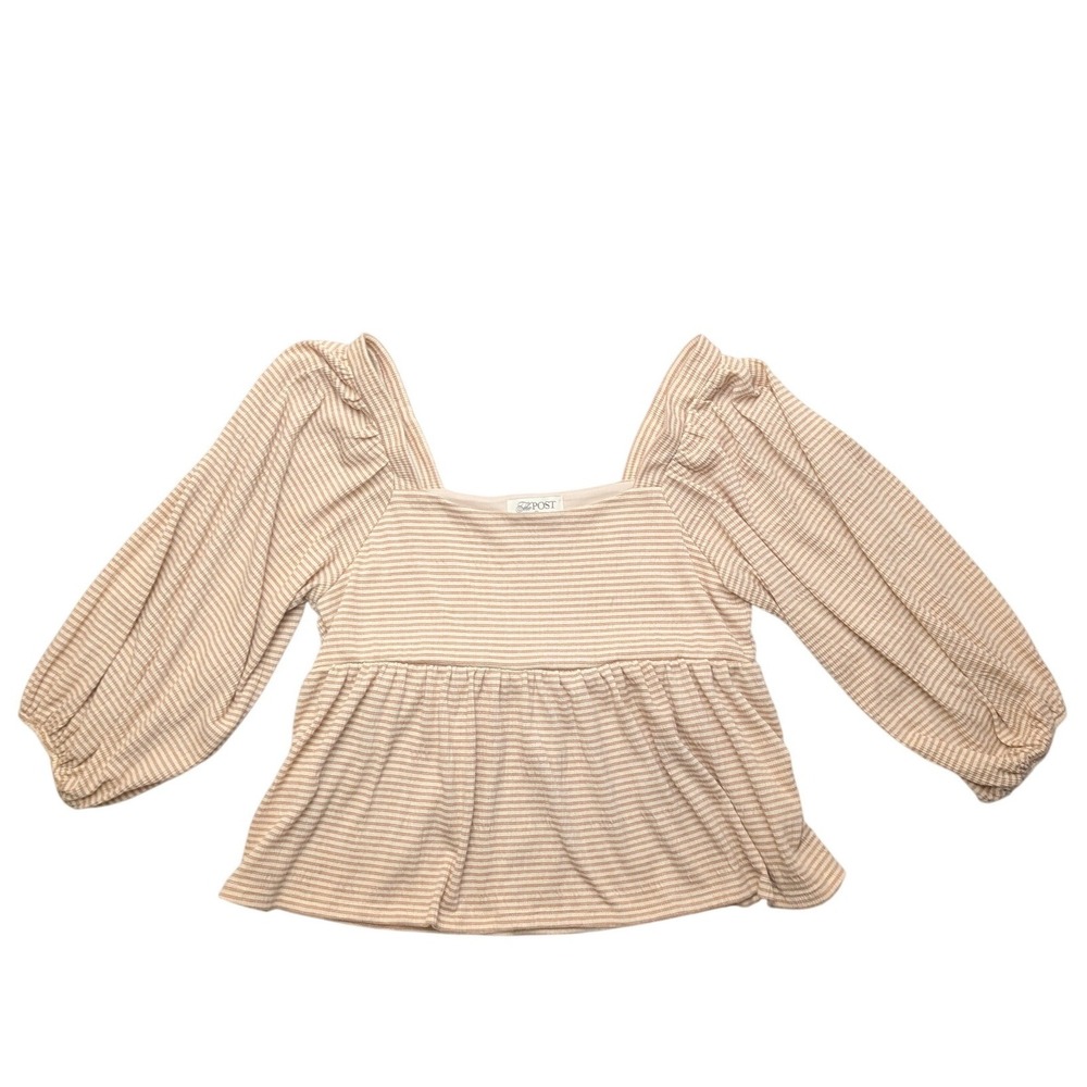 The Post Babydoll Top Womens Medium Beige Striped Puff Sleeve Square Neck Peplum